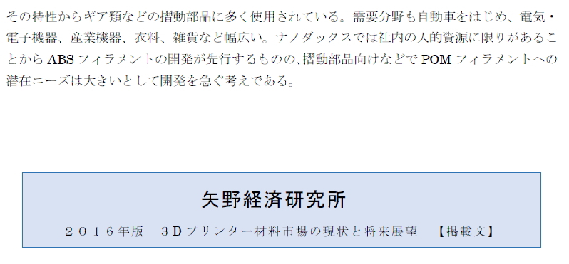 ナノダックス株式会社は矢野経済研究所の３Ｄプリンター材料市場調査に掲載されました。